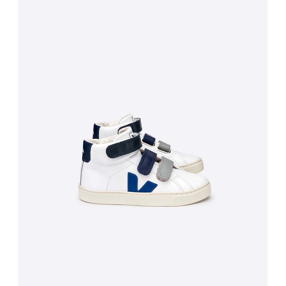 Kids\' Veja ESPLAR MID LEATHER High Tops White/Blue | ZA 683YXF